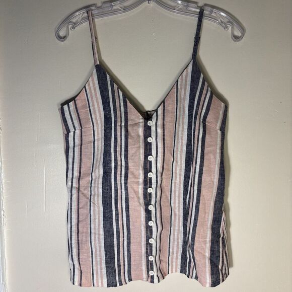 Eclectic Button Front Linen Blend Tank Women's 38 Pink Navy White Stripe NWT - Picture 1 of 12